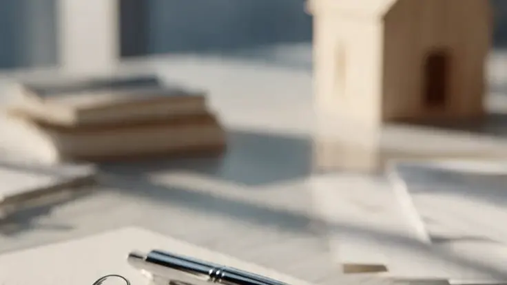 Une maquette de maison en bois, un stylo et un trousseau de clés posés sur une table, en faible profondeur de champ.