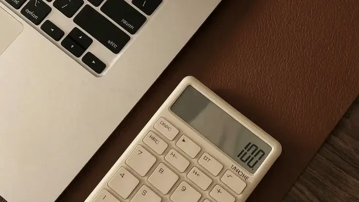 Une calculatrice beige affichant « 100 » posée sur un sous-main de cuir, à côté d'un ordinateur portable.