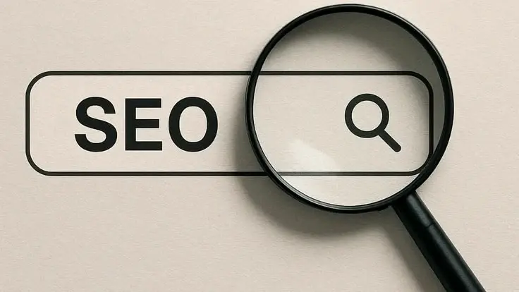 Une loupe posée sur le mot « SEO » écrit dans une barre de recherche dessinée sur du papier beige.