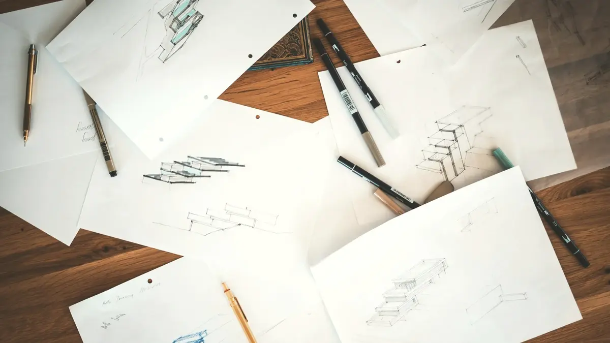 Des croquis d'architecture et des stylos posés sur un bureau en bois clair.