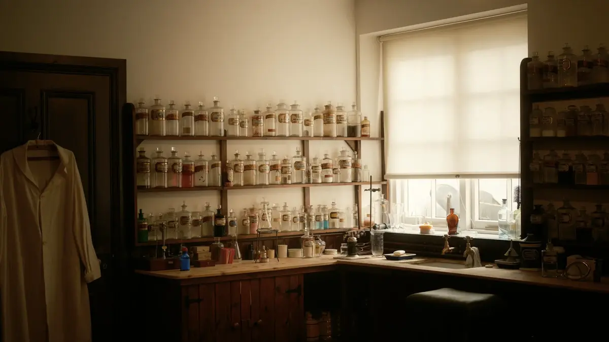 L'arrière-boutique d'une officine ancienne, ses flacons alignés sur des étagères de bois.