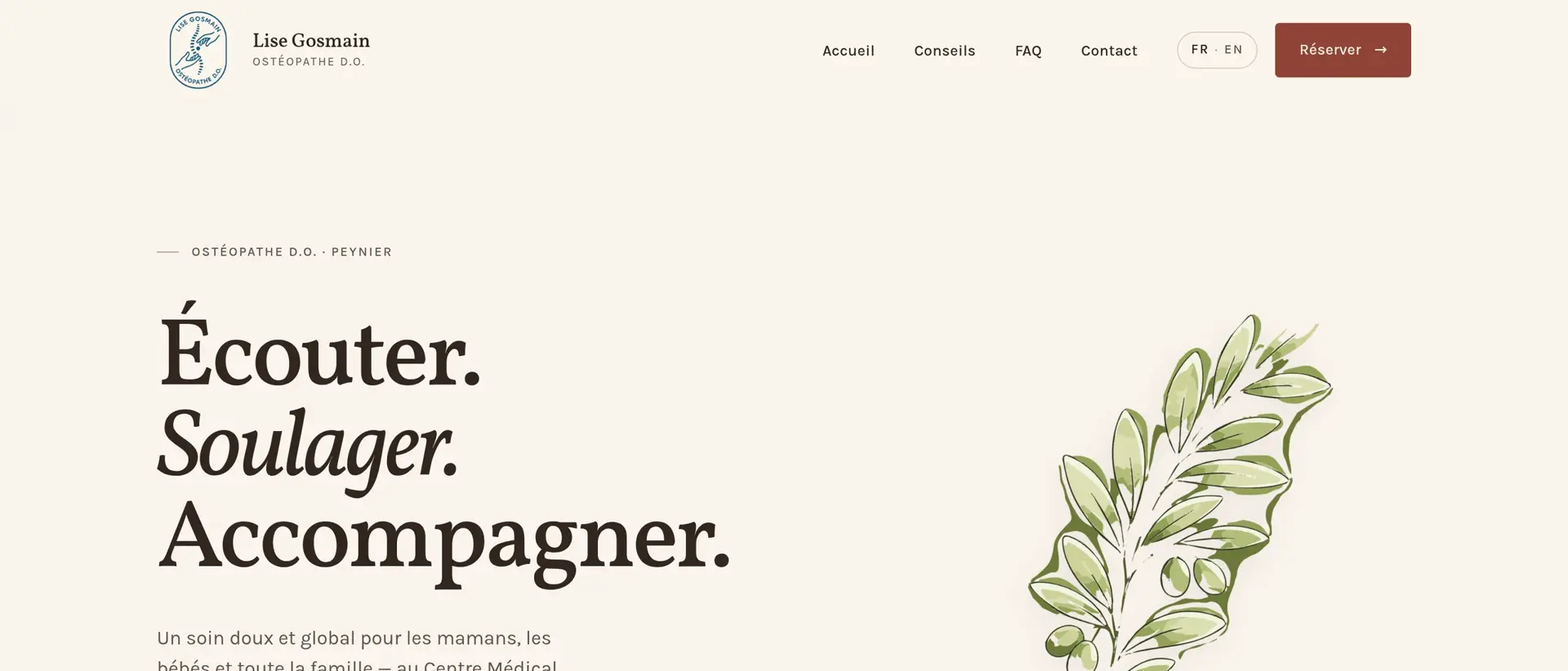 La page d'accueil de Lise Gosmain : « Écouter. Soulager. Accompagner. » en grandes lettres, à côté d'une branche d'olivier dessinée.