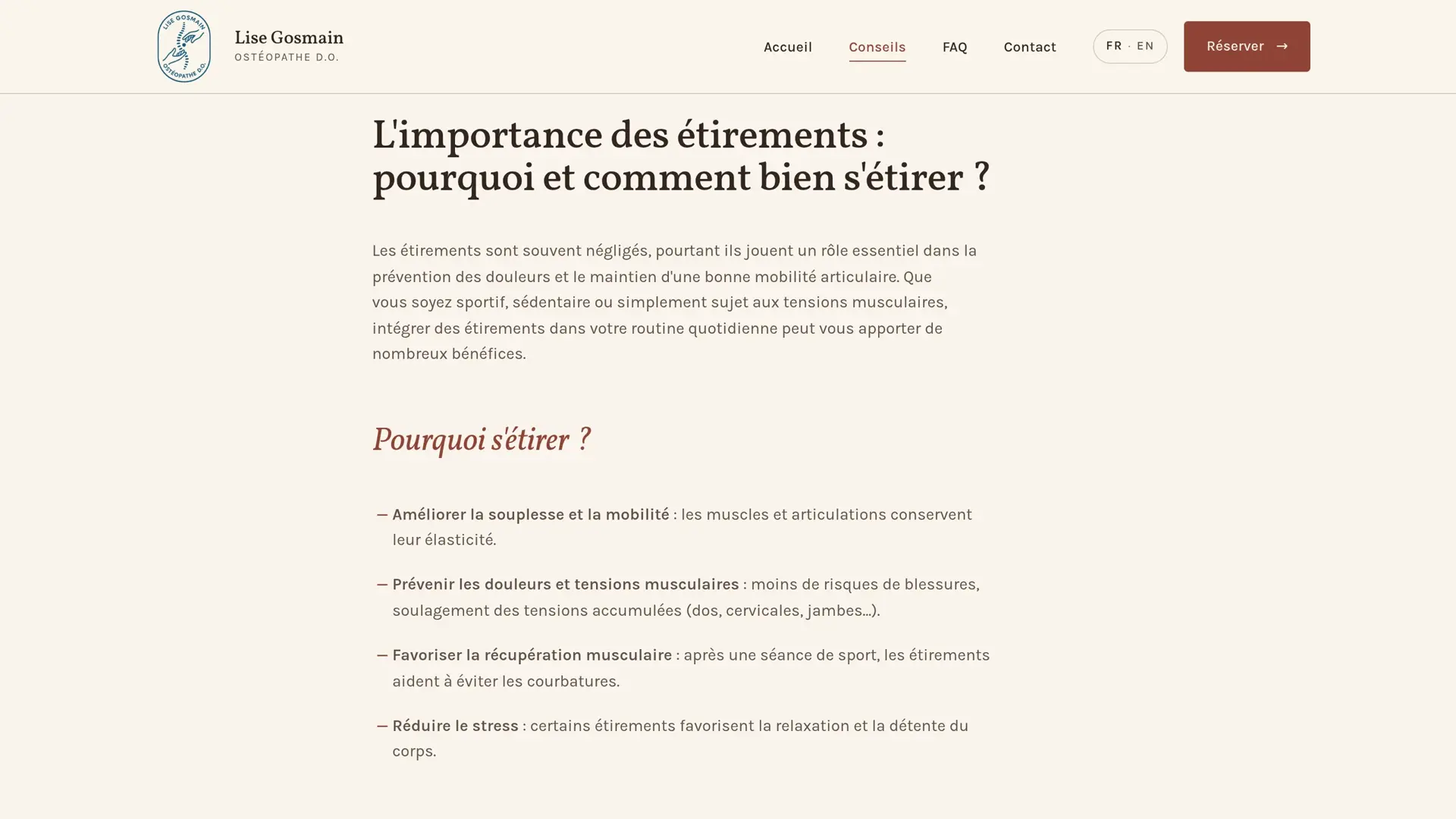 Un article de la rubrique conseils sur l'importance des étirements, avec sa liste de bénéfices.