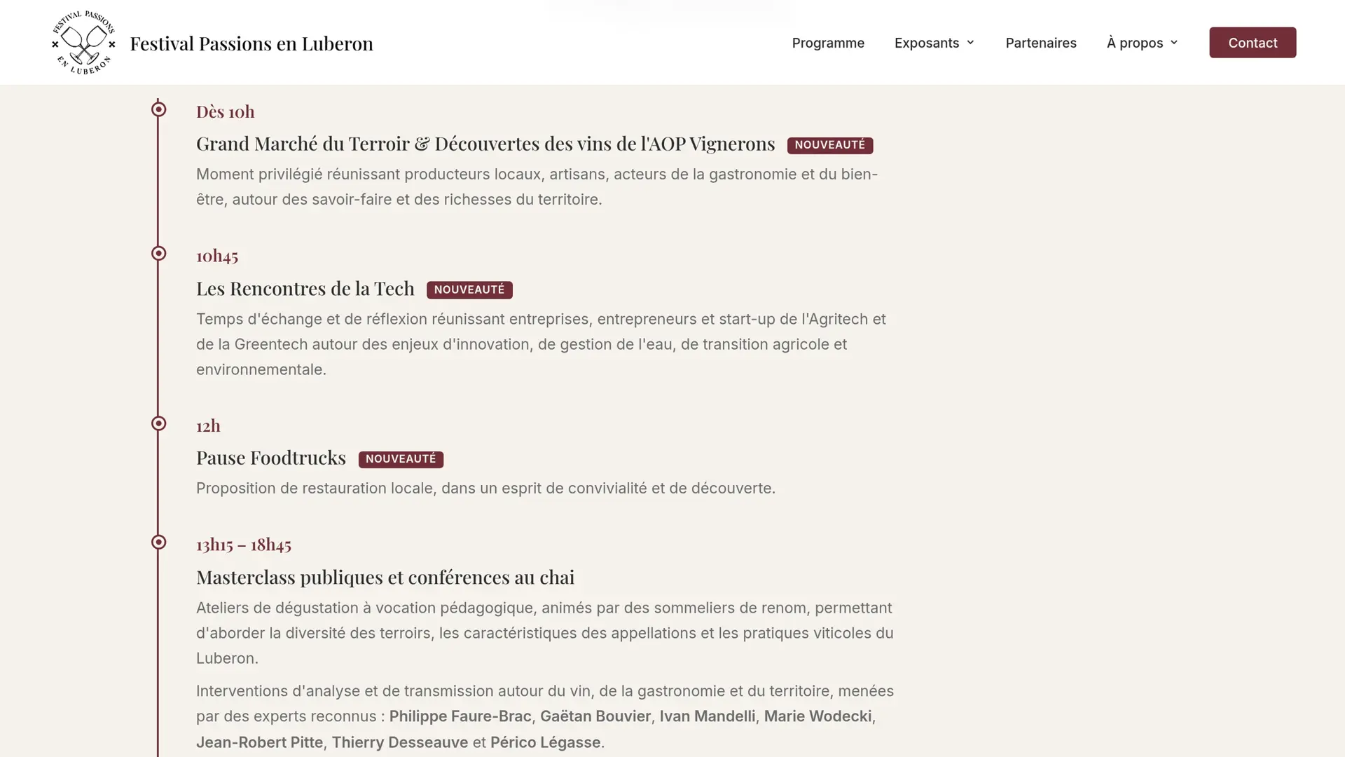 La programmation présentée en frise verticale, heure par heure, chaque temps fort avec son horaire et sa description.