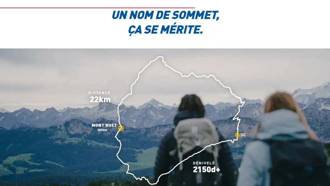 Le tracé de l'ascension dessiné sur la photographie de deux randonneurs face aux Alpes : 22 km de distance, 2 150 m de dénivelé, le Mont Buet à 3 096 m.