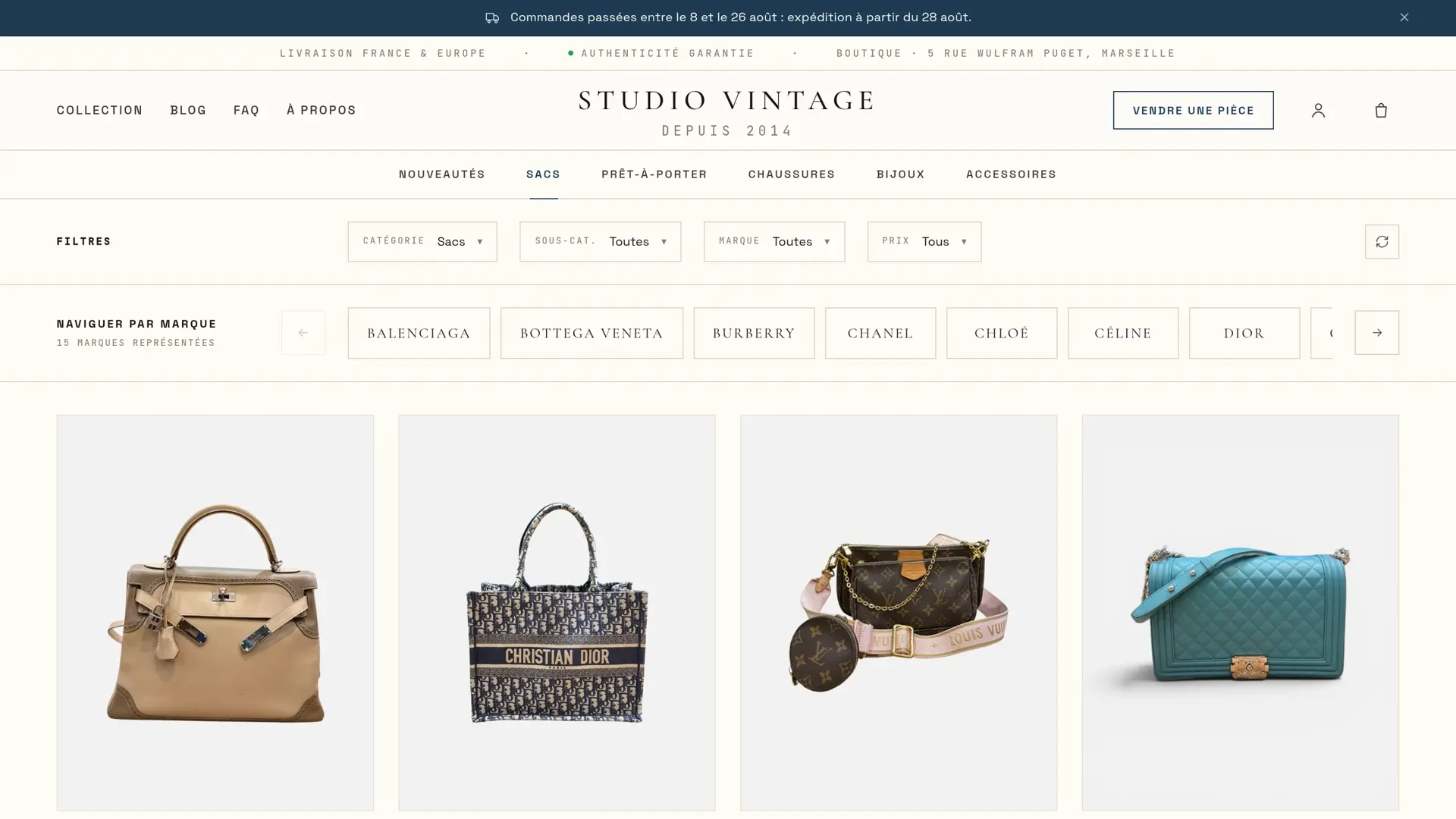 La collection de sacs, avec ses filtres par catégorie, marque et prix, et une grille de quatre pièces avec leur prix.