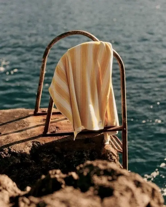 Une échelle de bain rouillée plantée dans un rocher au bord de la Méditerranée, une serviette rayée jaune posée sur son arceau.